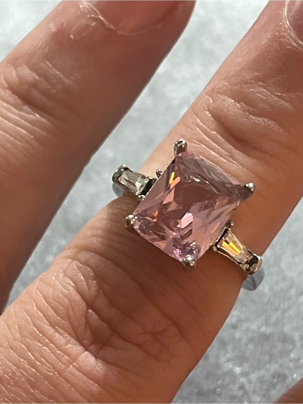 Unsigned Silver Tone Metal Pink Clear CZ Costume Jewelry Size 4.5